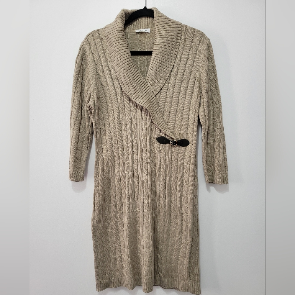 Calvin Klein Tan Cable Knit Sweater Dress Fitted with Shawl Collar